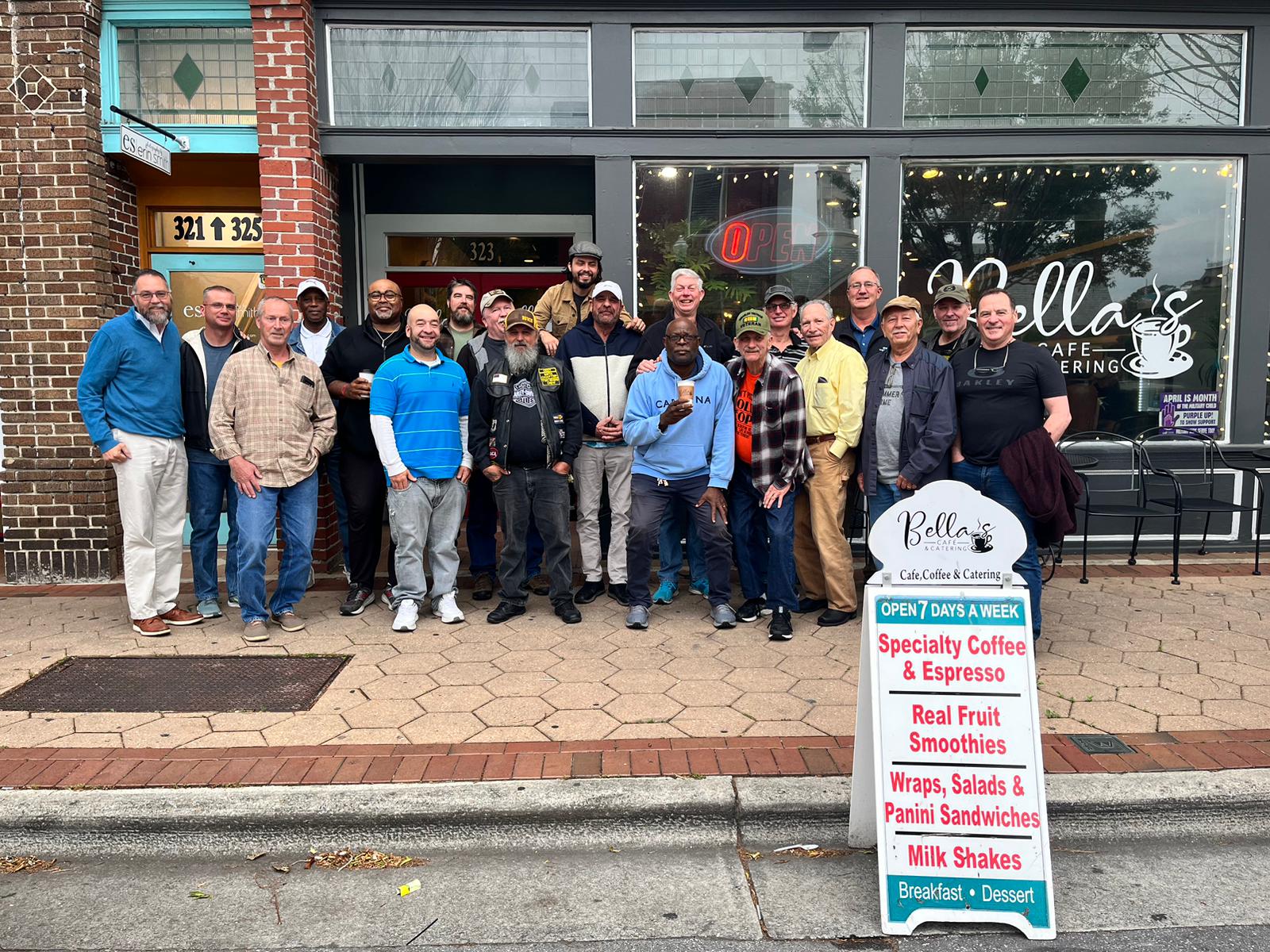 Men of God gathering together outside Bella’s Café in downtown New Bern
